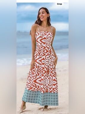 Cupshe White and Orange Patterned Maxi Dress with Blue Hem